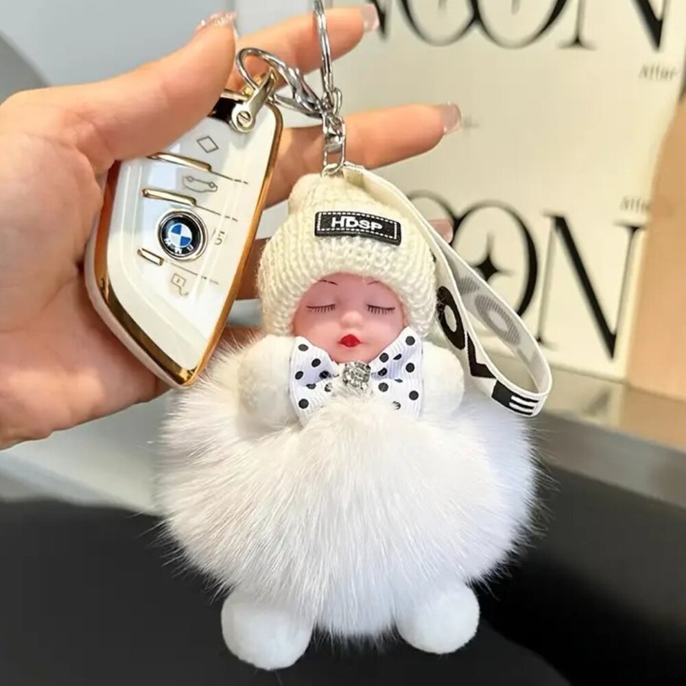 🔥Adorable Sleeping Baby Fluffy Fur White Pom Pom Charm Keychain Cute Gift - Picture 3 of 7